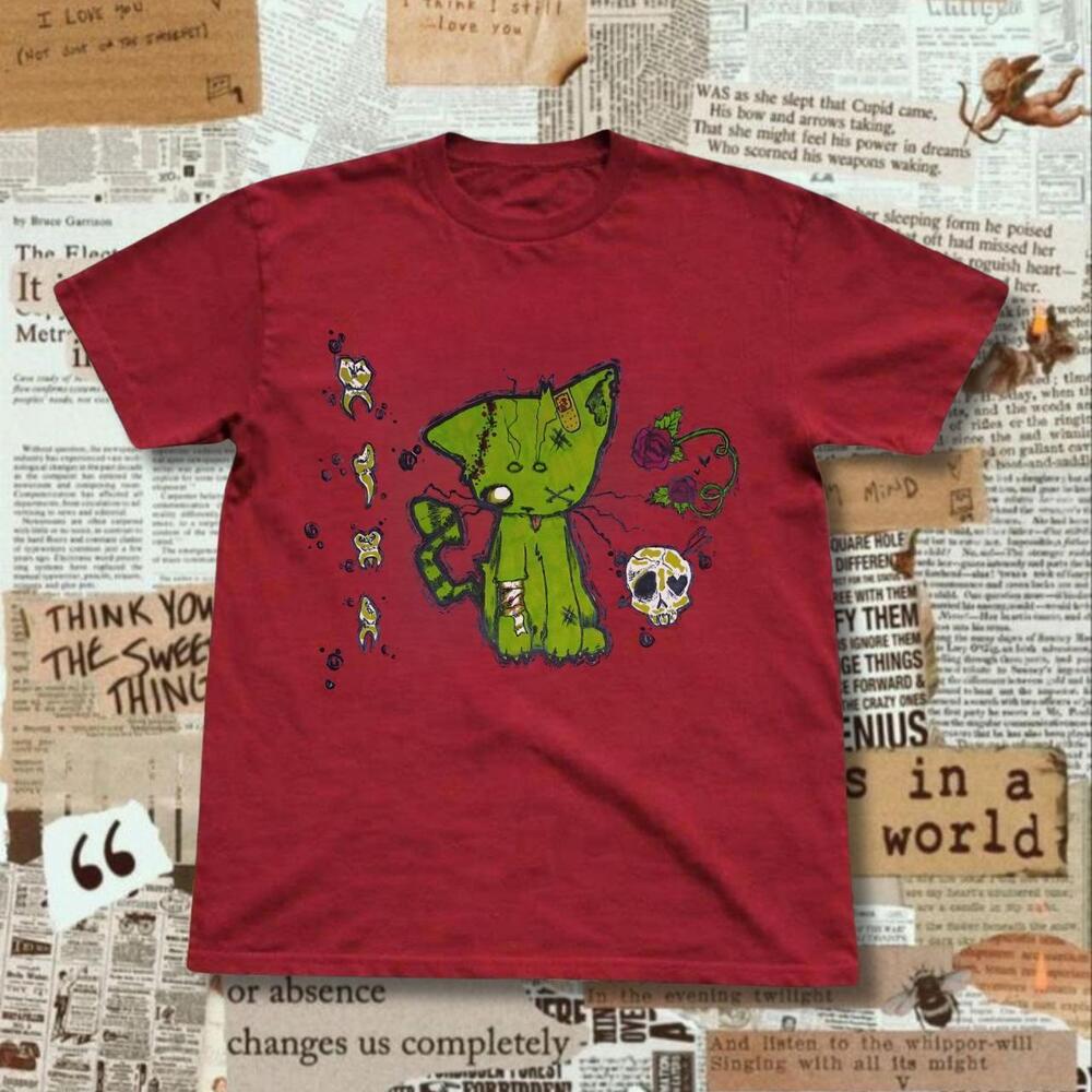 Red Graphic Tee With Green Cat Holding